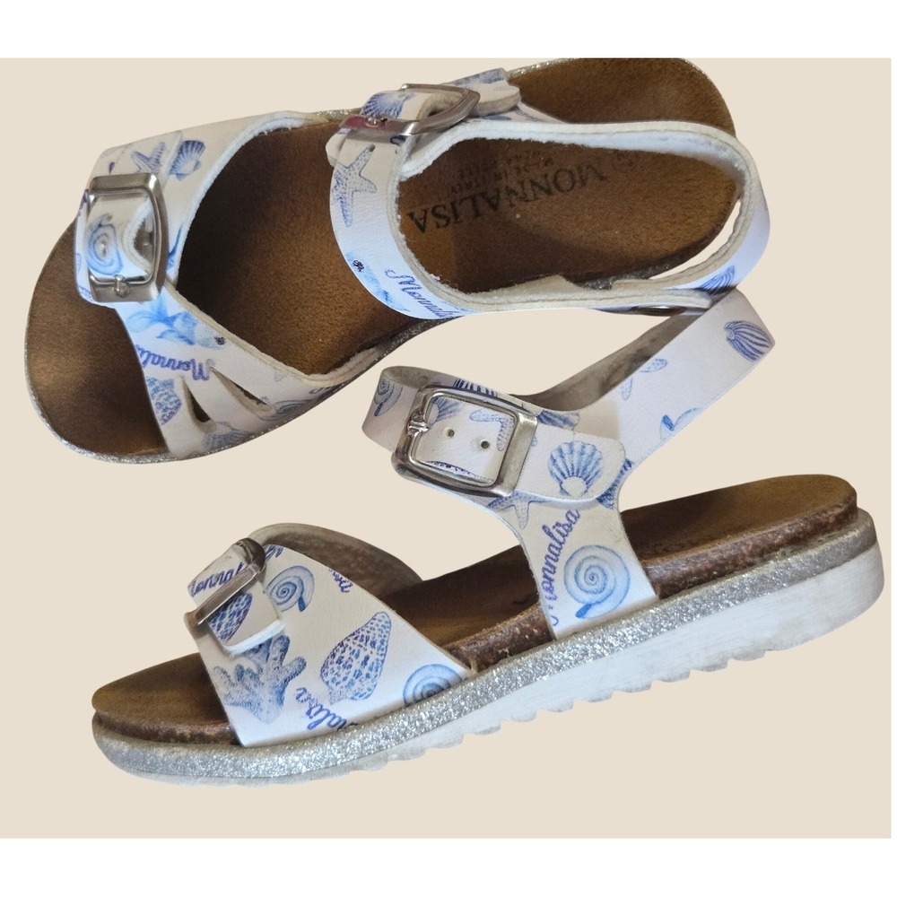 Monnalisa Girls White Blue Seashell Leather Cork Sandals Made in Italy Size 27